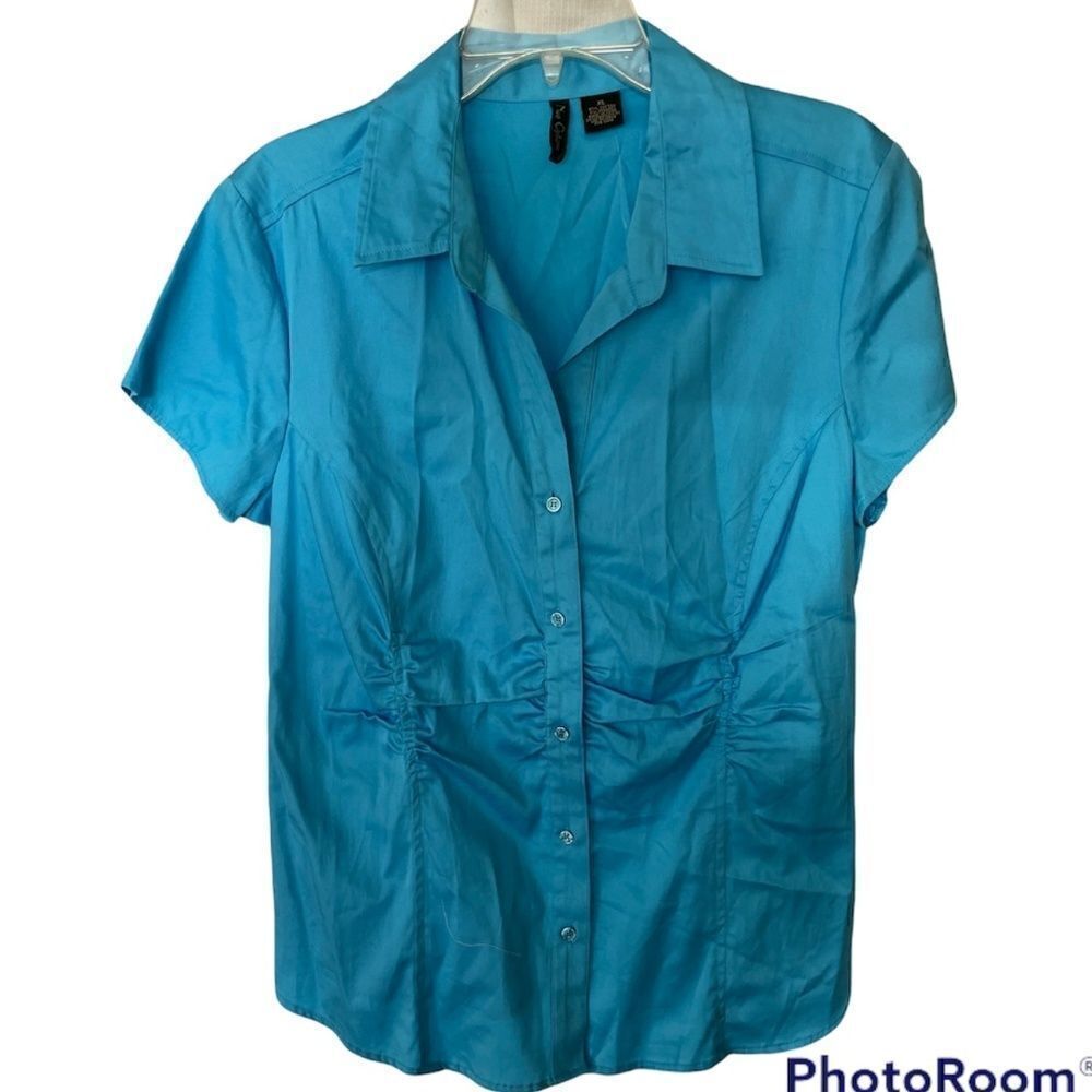 Blue Button Down Blouse with Figure Flattering Fit - Size XL